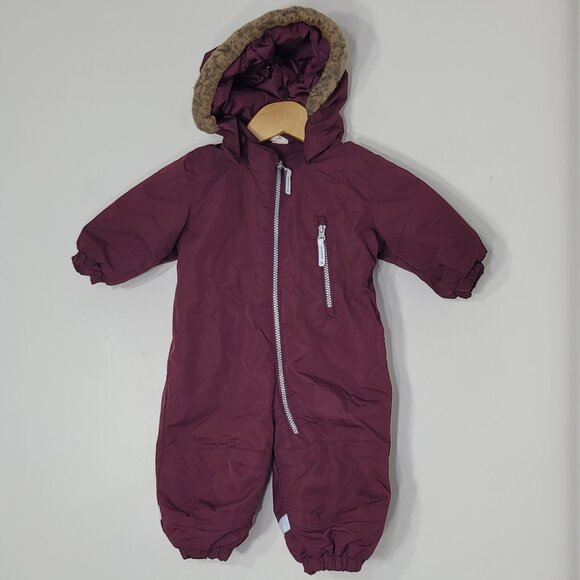 H&M Kid's Maroon Zipper Pocket Faux Fur-Trimmed Hooded Winter Snowsuit Size 4-6M - Picture 8 of 15